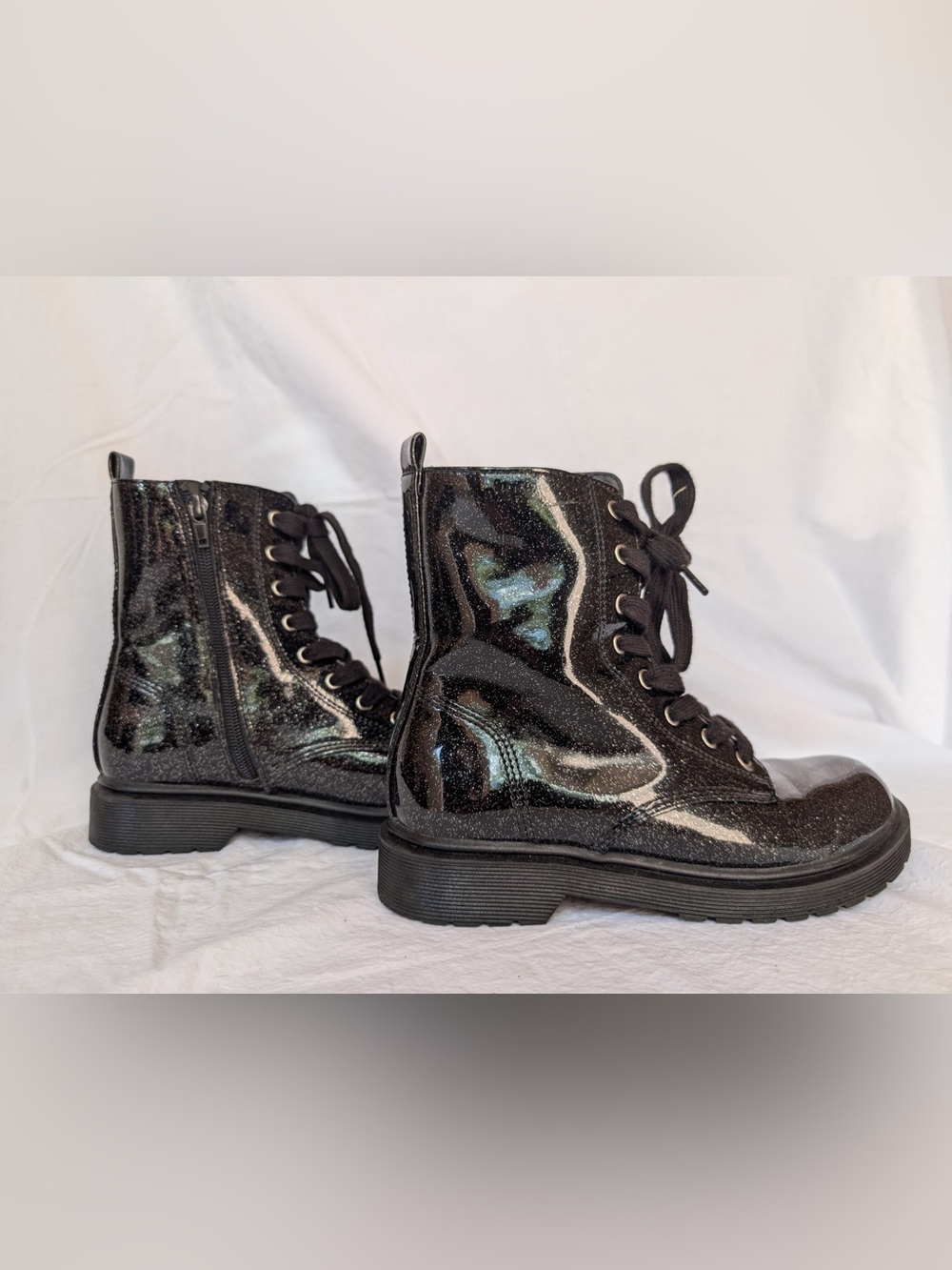 Report Black Glitter Lace-Up Kids Combat Boots